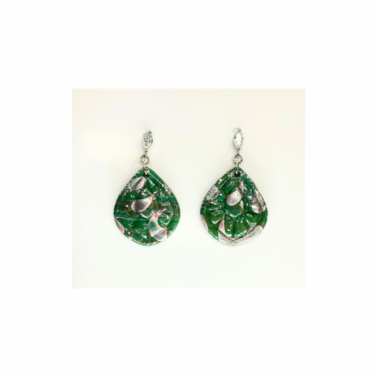 Green Silver Sparkle with Pearl Pink on Rhinestone Stud Dangle Earring for Adults Sparkly Teardrop Design