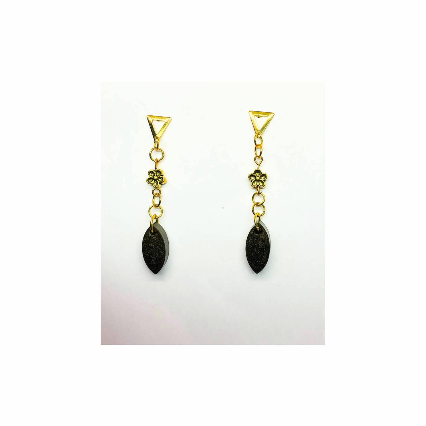 Dark Green Teardrop Stud Dangle Earrings with Gold Flower