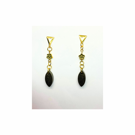 Dark Green Teardrop Stud Dangle Earrings with Gold Flower
