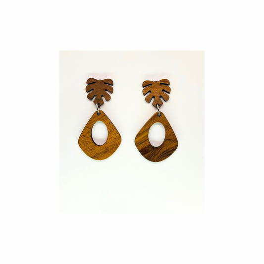Boho Wood Collection Leaf Stud Dangle Earrings for Female - Wooden Design with Leaf Motif and Teardrop Shape