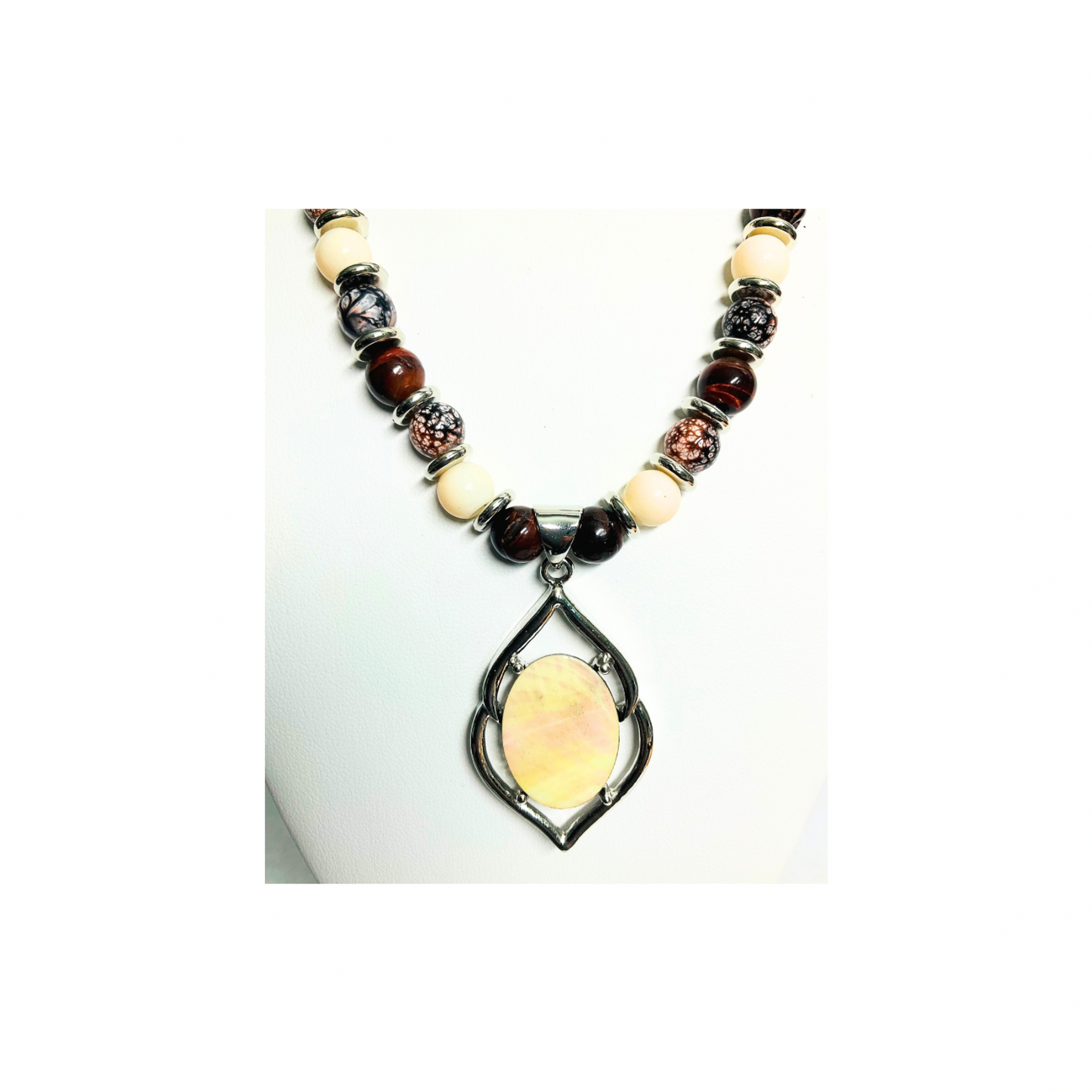 Beaded Necklace and Dangle Earring Set: Mother of Pearl Pendant