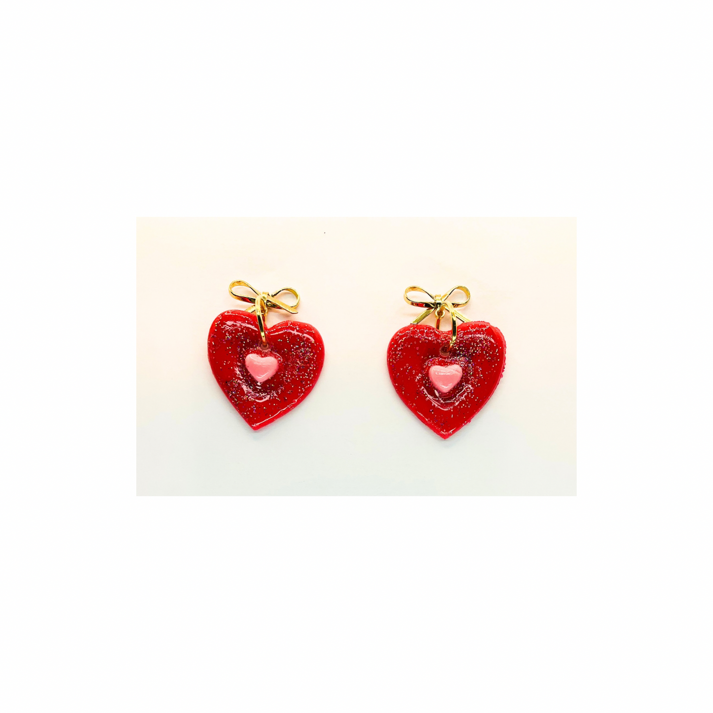 Red Heart with Pink Heart and Gold Bow Stud Dangle Earring