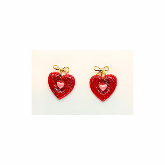 Red Heart with Pink Heart and Gold Bow Stud Dangle Earring