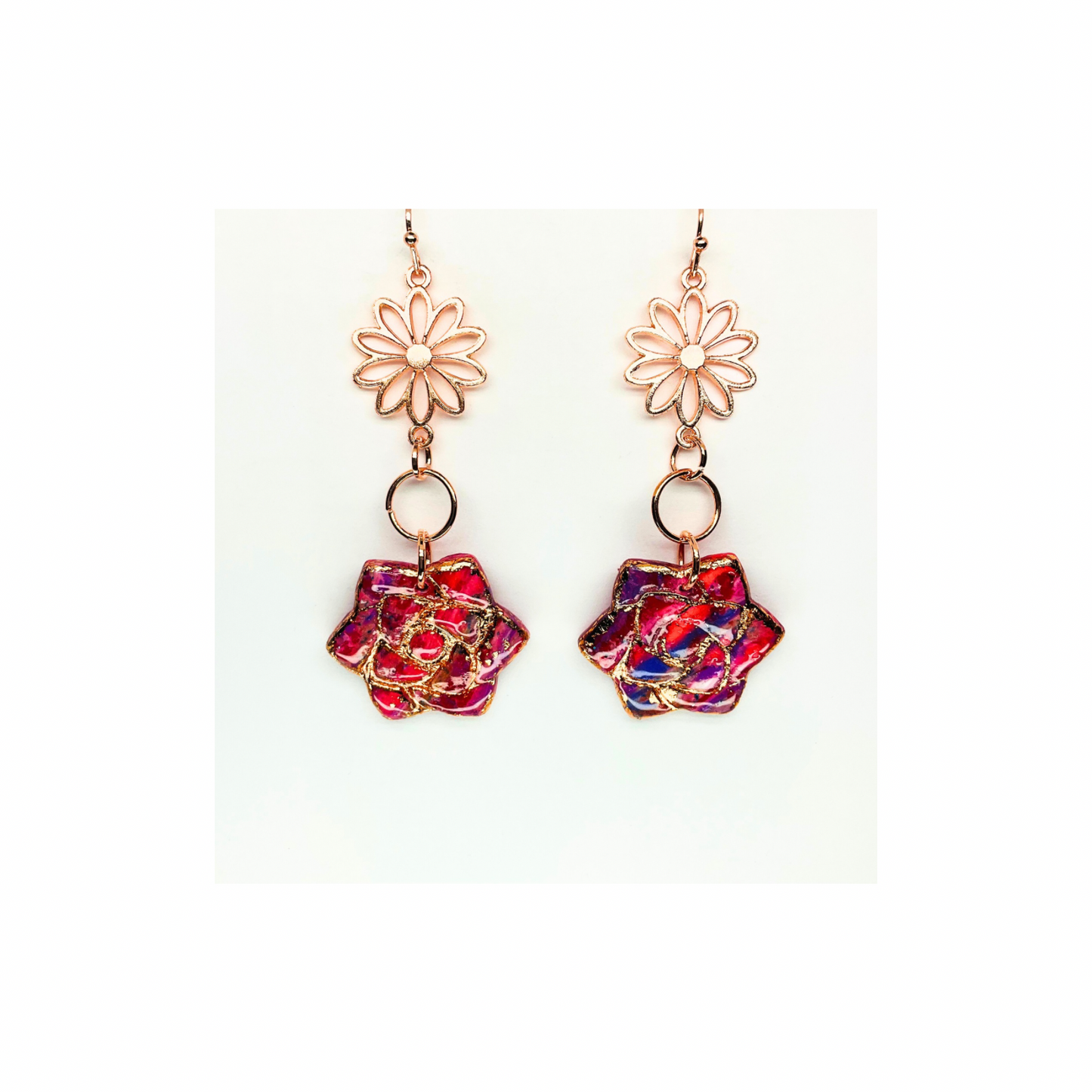 Rose Gold Collection Rose Shape Dangle Earrings with Colorful Floral Design and Elegant Daisy Top