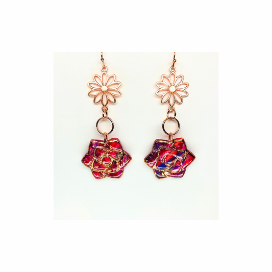 Rose Gold Collection Rose Shape Dangle Earrings with Colorful Floral Design and Elegant Daisy Top