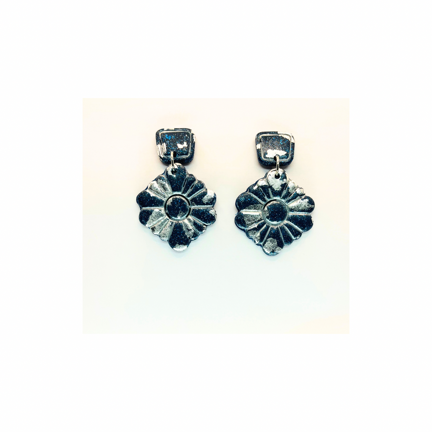 Navy and Silver Sparkle Dangle with Square Stud Earrings