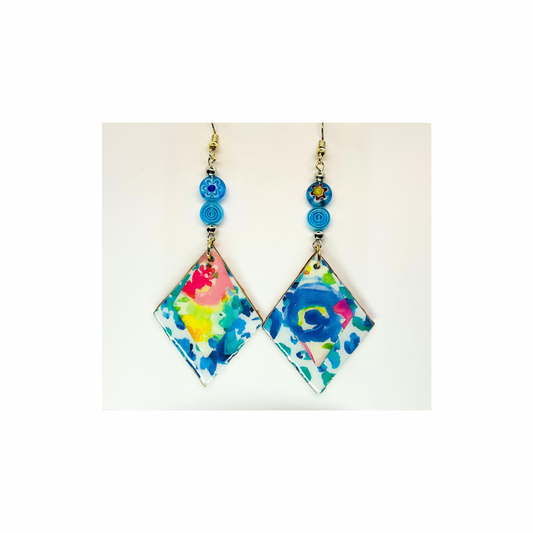 BOHO Dangle Wood Decoupage Earrings - Handmade Diamond-Shaped Floral Design with Tiny Beads & Resin Finish