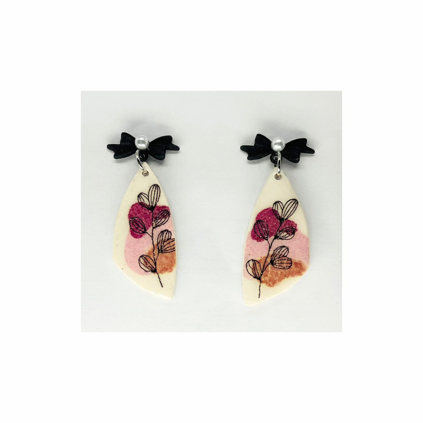 Flower Line Art Dangle with Black Pearl Bow Stud Earring-Crafting By BB