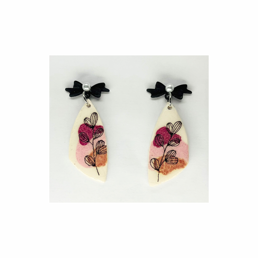 Flower Line Art Dangle with Black Pearl Bow Stud Earring-Crafting By BB