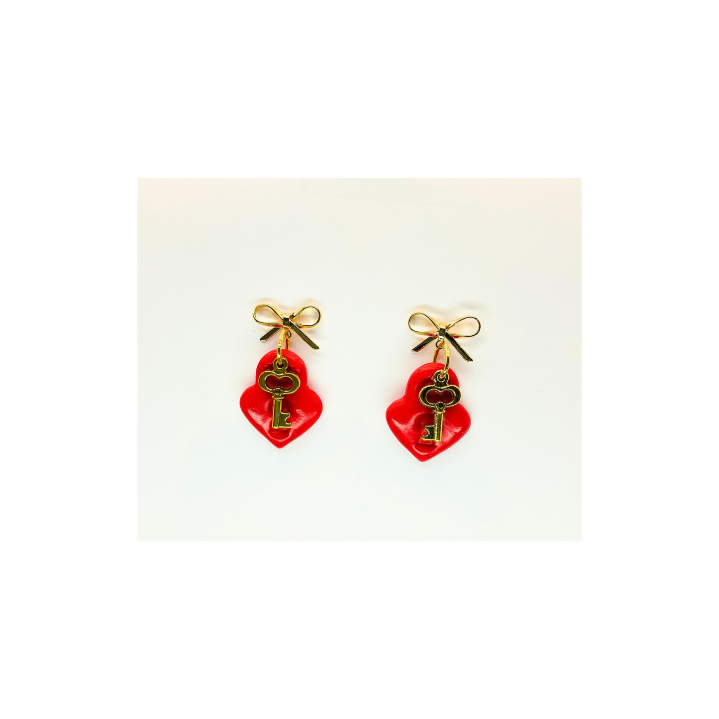 Red Heart Lock Dangle with Gild Key Charm and Bow Stud Earrings-Crafting By BB