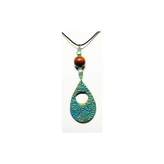 Turquoise and Gold Teardrop Pendant Beaded 18-inch PU Leather Necklace with Intricate Design and Beads