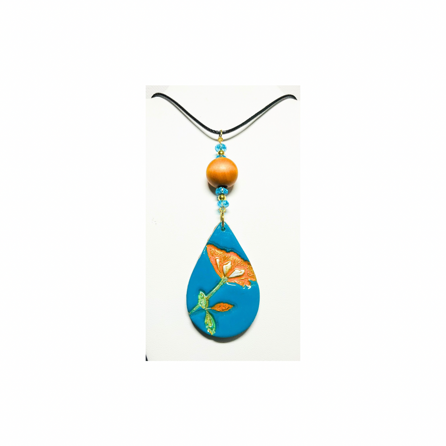 Turquoise Blue with Orange Flower Teardrop Pendant 18-inch Necklace - Unique Design Jewelry Piece