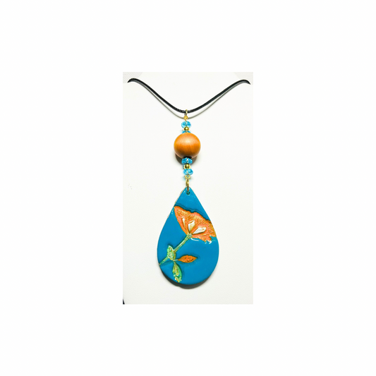 Turquoise Blue with Orange Flower Teardrop Pendant 18-inch Necklace - Unique Design Jewelry Piece
