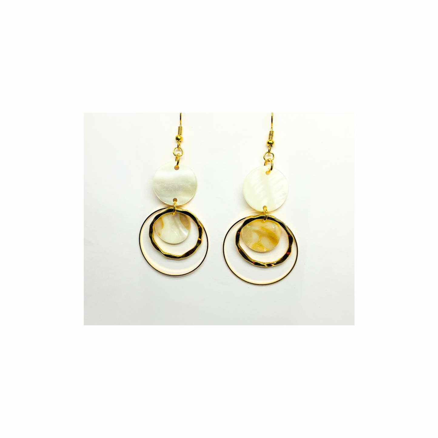 Spot Cream and Gold Collection Circle Dangle Earrings with Unique Design Elements