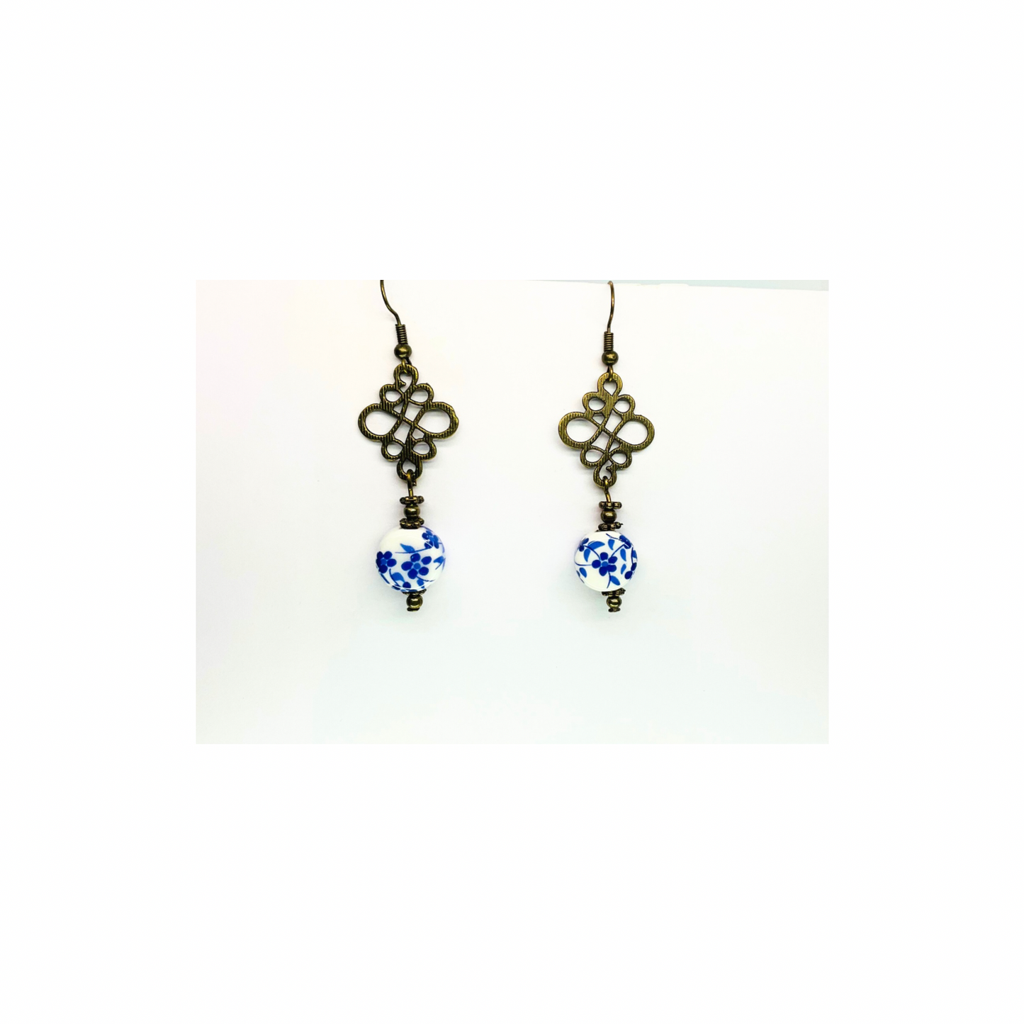 Porcelain Bead Collection Romantic Blue Flower Dangle Earrings for Female with Unique Design