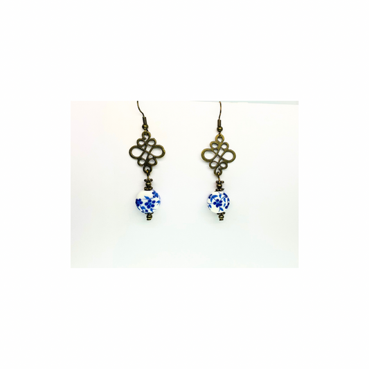 Porcelain Bead Collection Romantic Blue Flower Dangle Earrings for Female with Unique Design