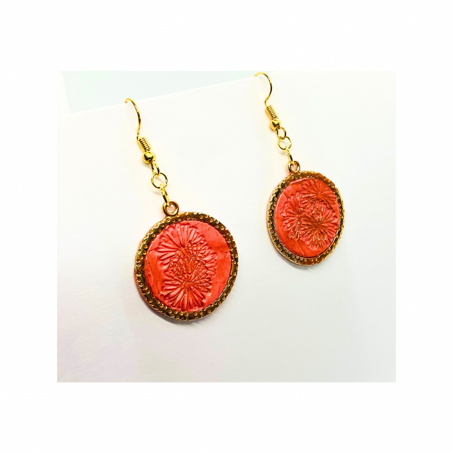 Coral Pink and Gold Round Dangle Earrings