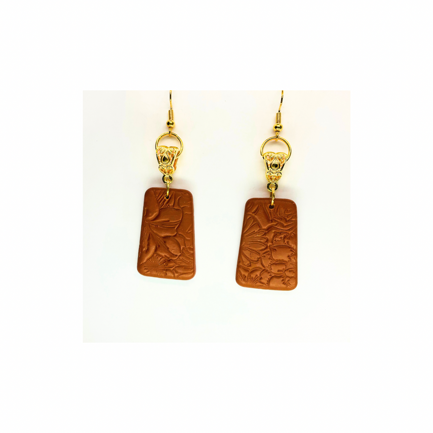 Leather Look Bronze with Gold Hoop Dangle Earrings - Rectangular Design & Gold Hooks