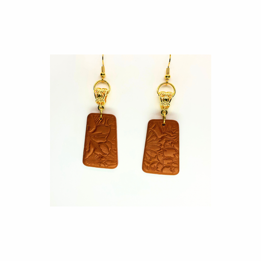 Leather Look Bronze with Gold Hoop Dangle Earrings - Rectangular Design & Gold Hooks