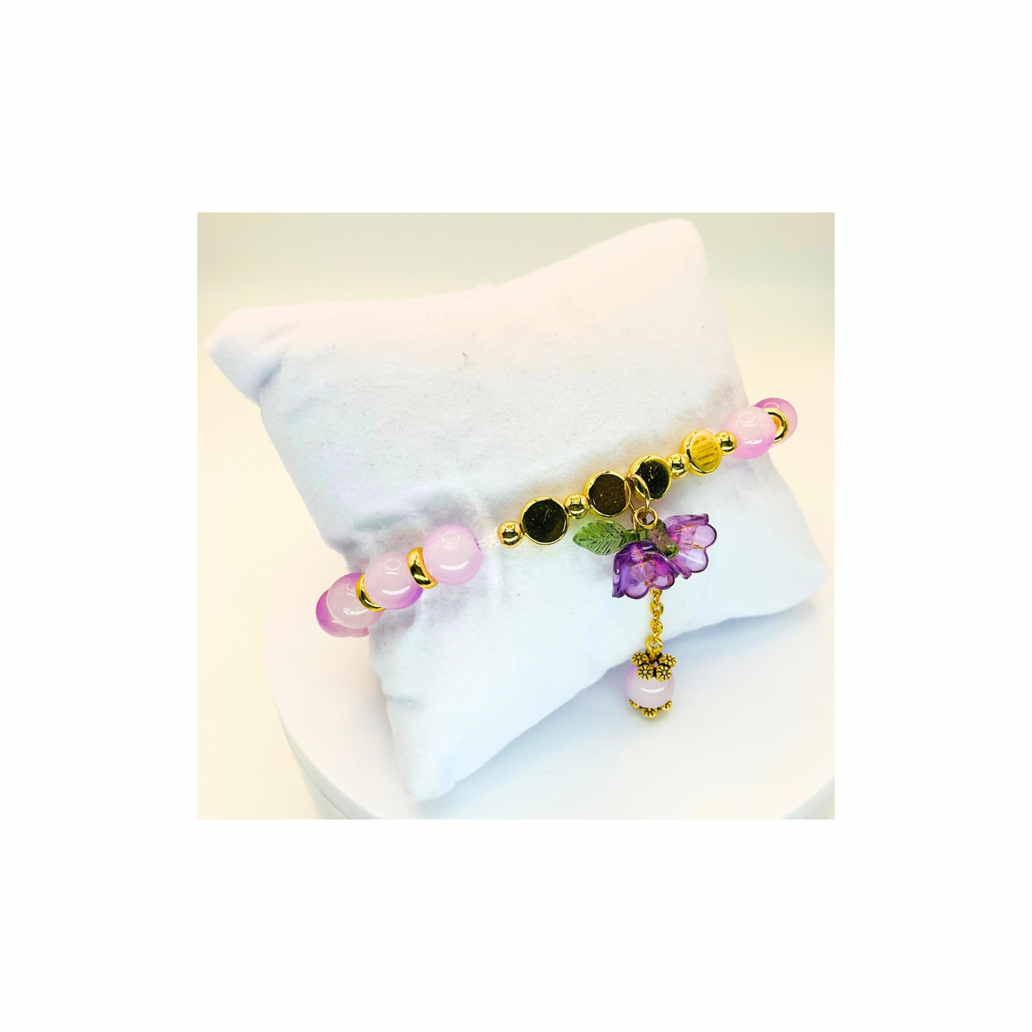 Purple Variegated Beads with Purple Flower Charm Stretch Bracelet