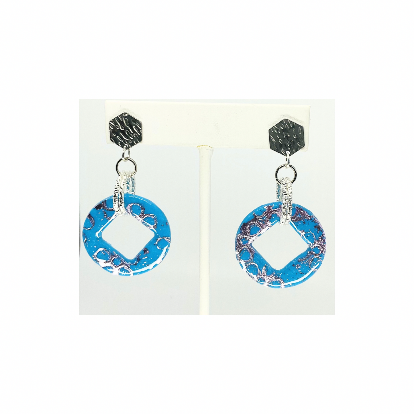 Azure Blue and Purple with Silver Hexagon Stud Dangle Earring-Crafting By BB