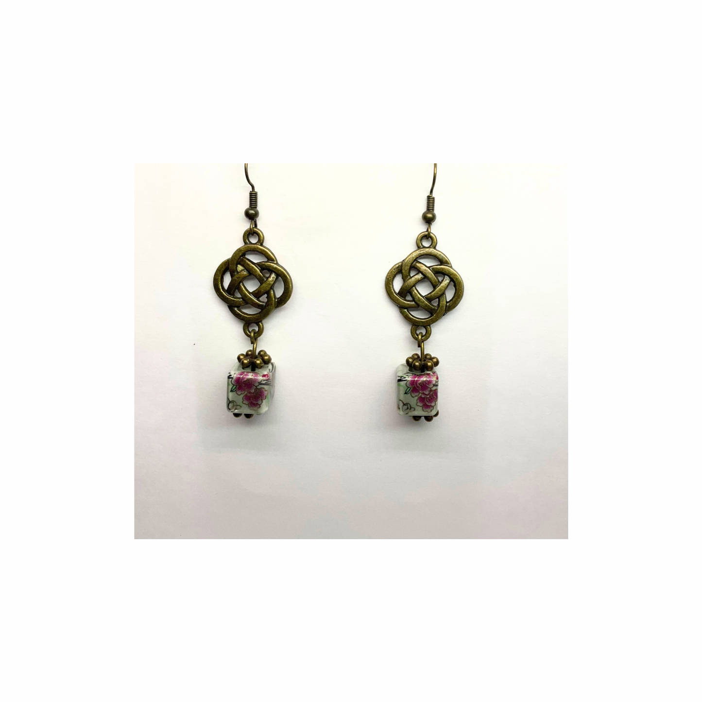 Porcelain Bead Collection Square Bead Dangle Earrings with Floral Design for Female Jewelry Accessories