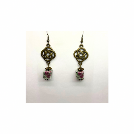 Porcelain Bead Collection Square Bead Dangle Earrings with Floral Design for Female Jewelry Accessories