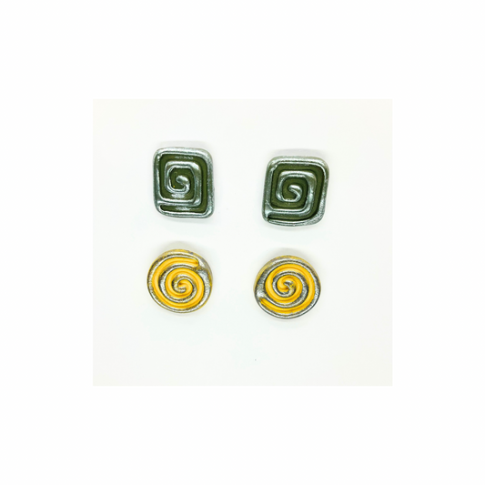 Swirl Stud Earrings in Army Green and Yellow with Silver Accents