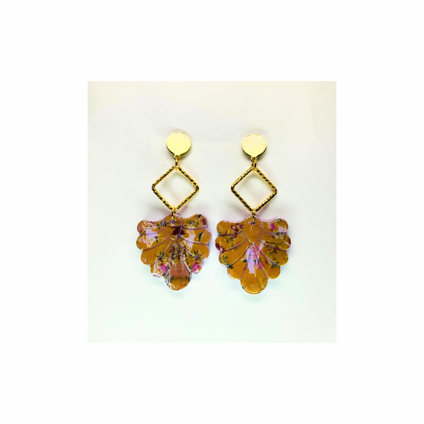 French Garden Beige and Purple Dangle with Gold Stud Earrings