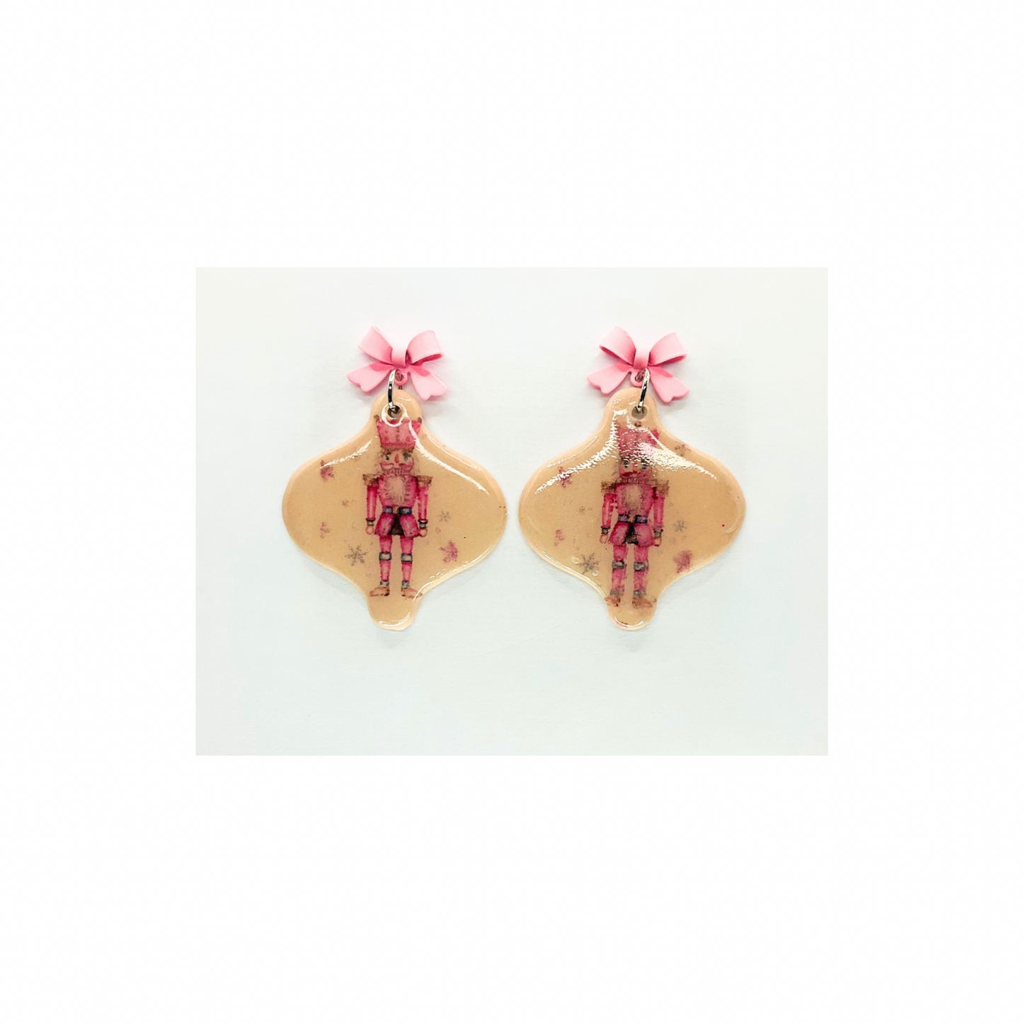 Nutcracker Ornament Dangle Earrings with Pink Bow Stud