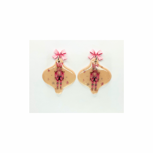 Nutcracker Ornament Dangle Earrings with Pink Bow Stud
