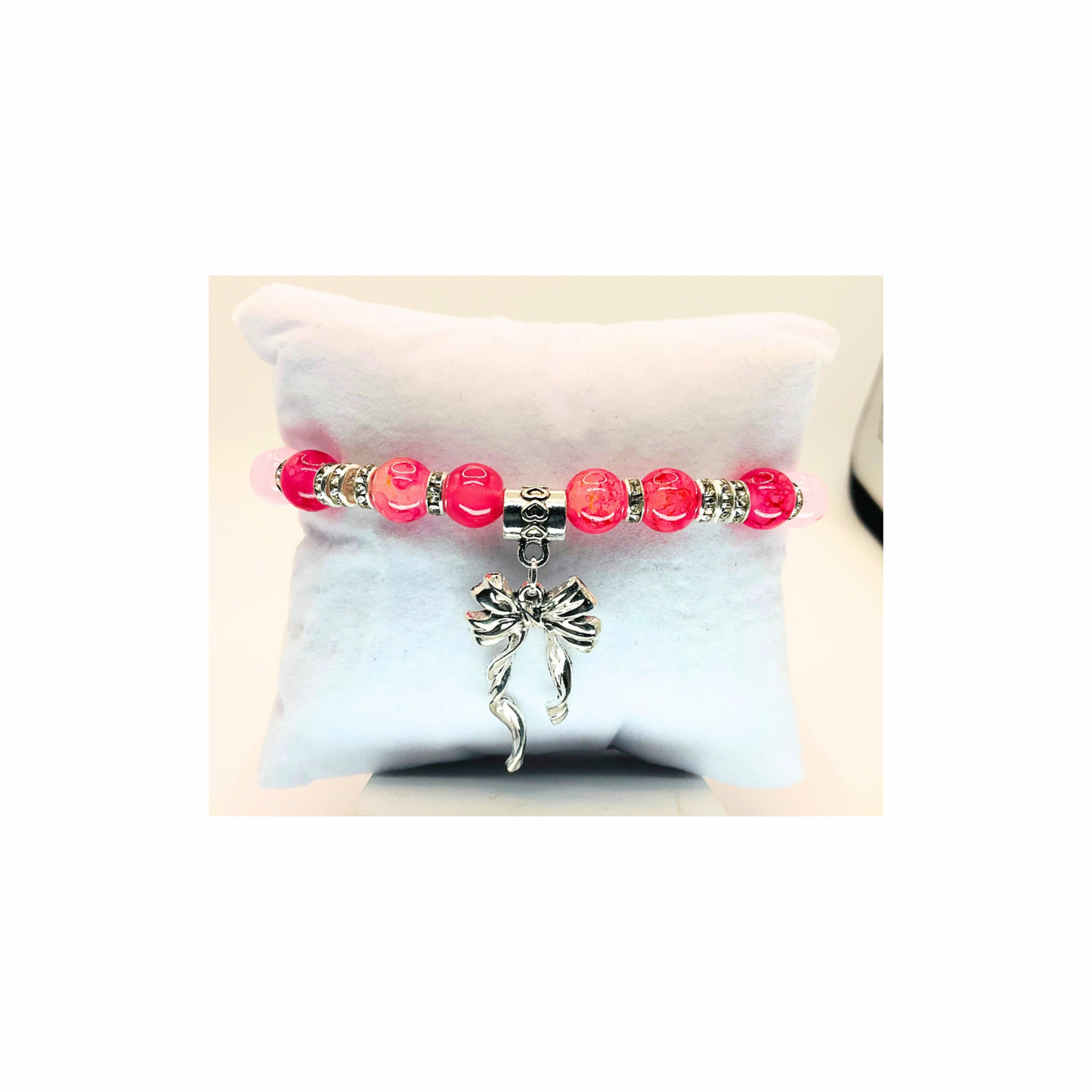 Pink and Silver Beaded Stretch Bracelet with Silver Bow Charm-Crafting By BB