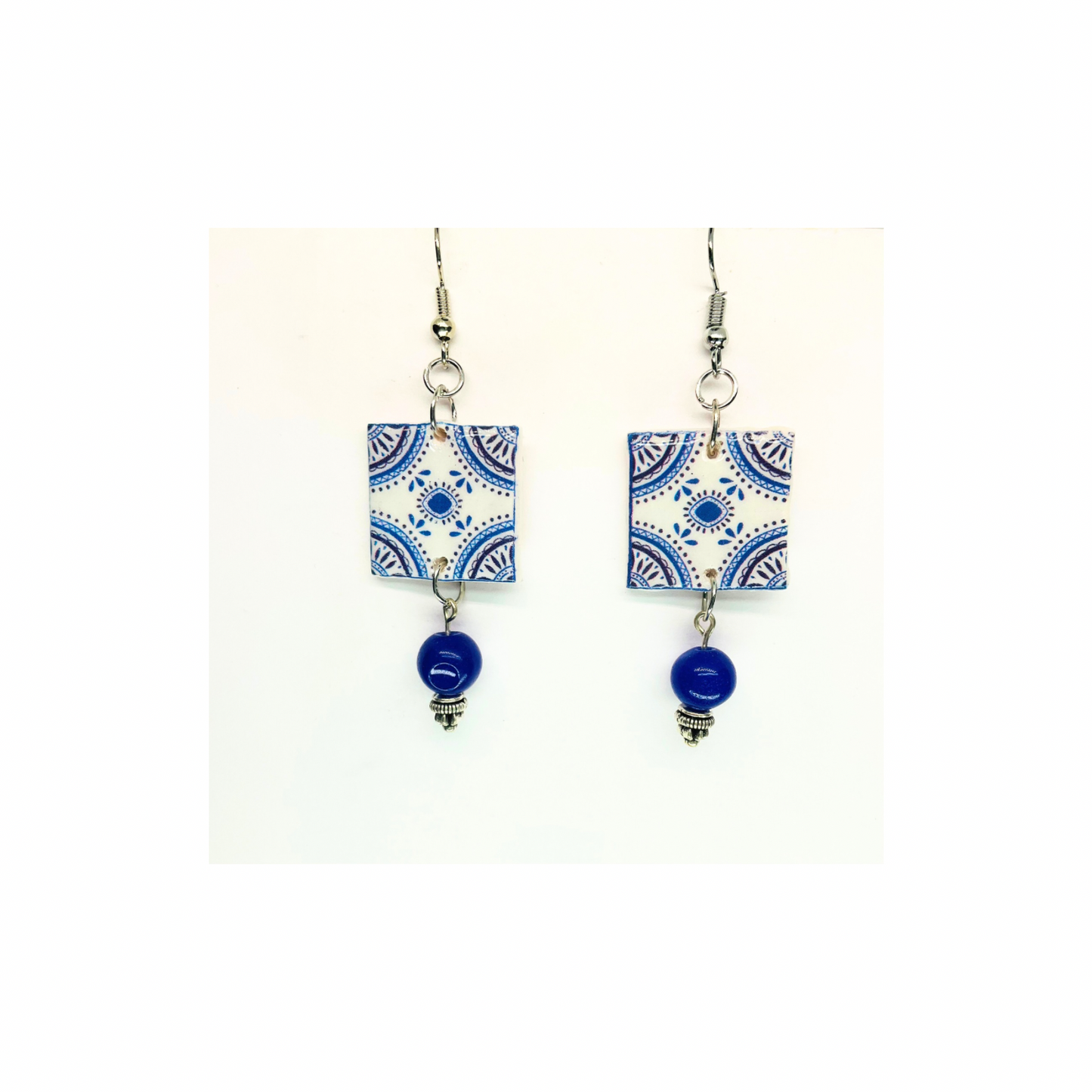 French Garden Collection Blue White Garden Tile Dangle Earring with Blue Bead Accents