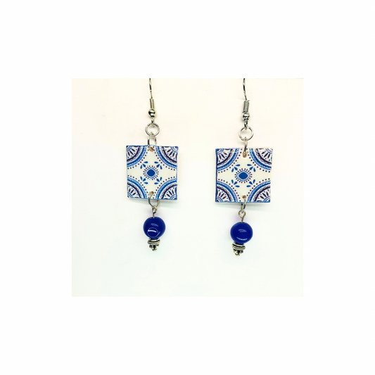 French Garden Collection Blue White Garden Tile Dangle Earring with Blue Bead Accents