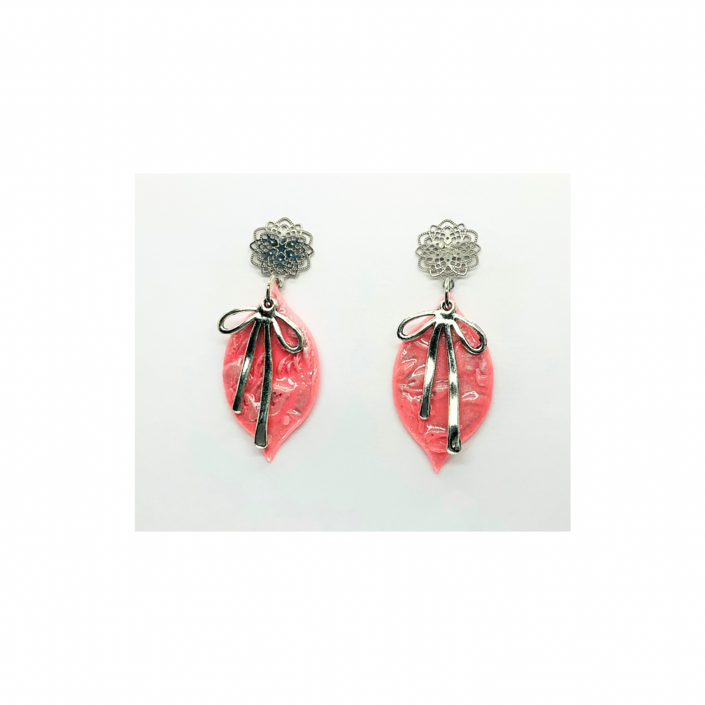 Pink Ornament with Silver Bow and Filigree Stud Dangle Earrings for Women's Fashion Accessories