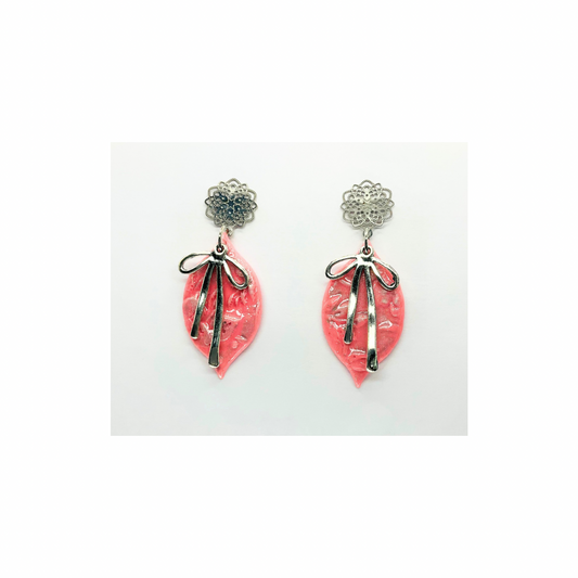 Pink Ornament with Silver Bow and Filigree Stud Dangle Earrings for Women's Fashion Accessories