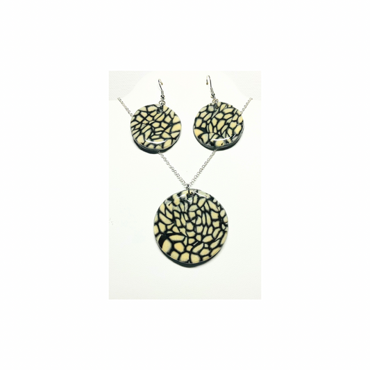 Black and White Cane Motif Earrings and Necklace Set - Classic Round Necklace & Stylish Earrings for Elegant Outfits
