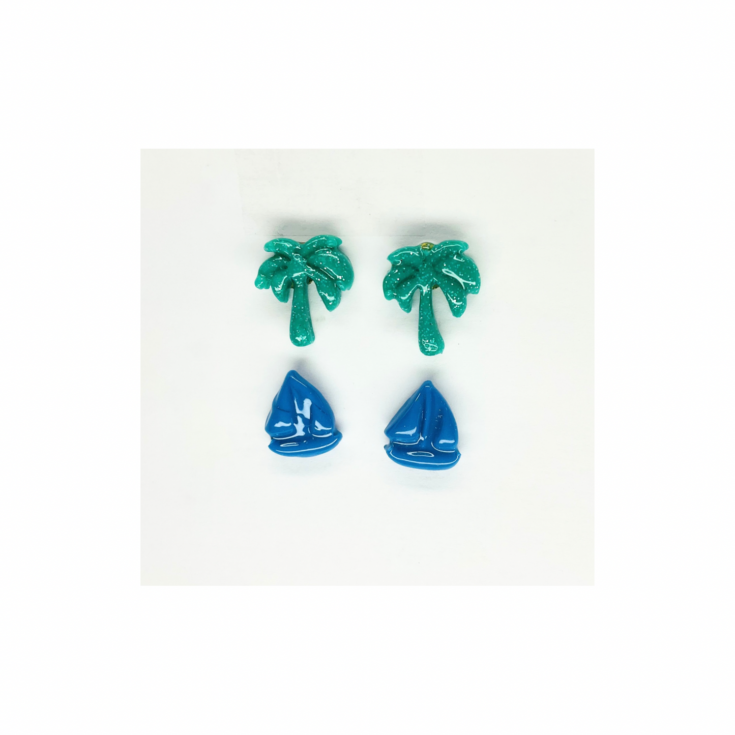 Blue Sailboatand Green Palm Tree Stud Earrings-Crafting By BB
