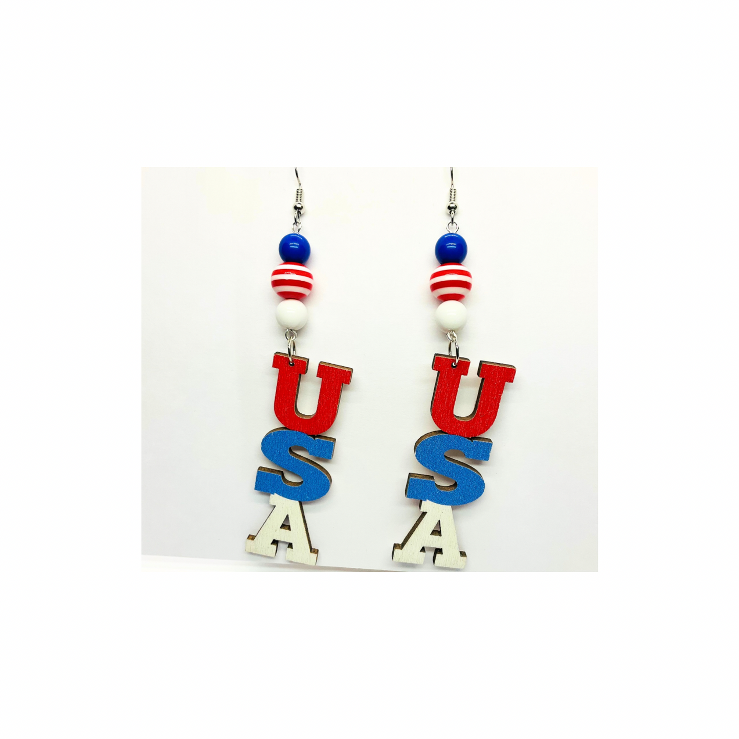 Patriotic Collection USA Wood with Bead Dangle Earring for Female Red White Blue Colorful Design