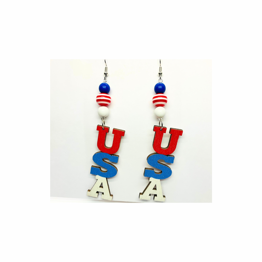Patriotic Collection USA Wood with Bead Dangle Earring for Female Red White Blue Colorful Design