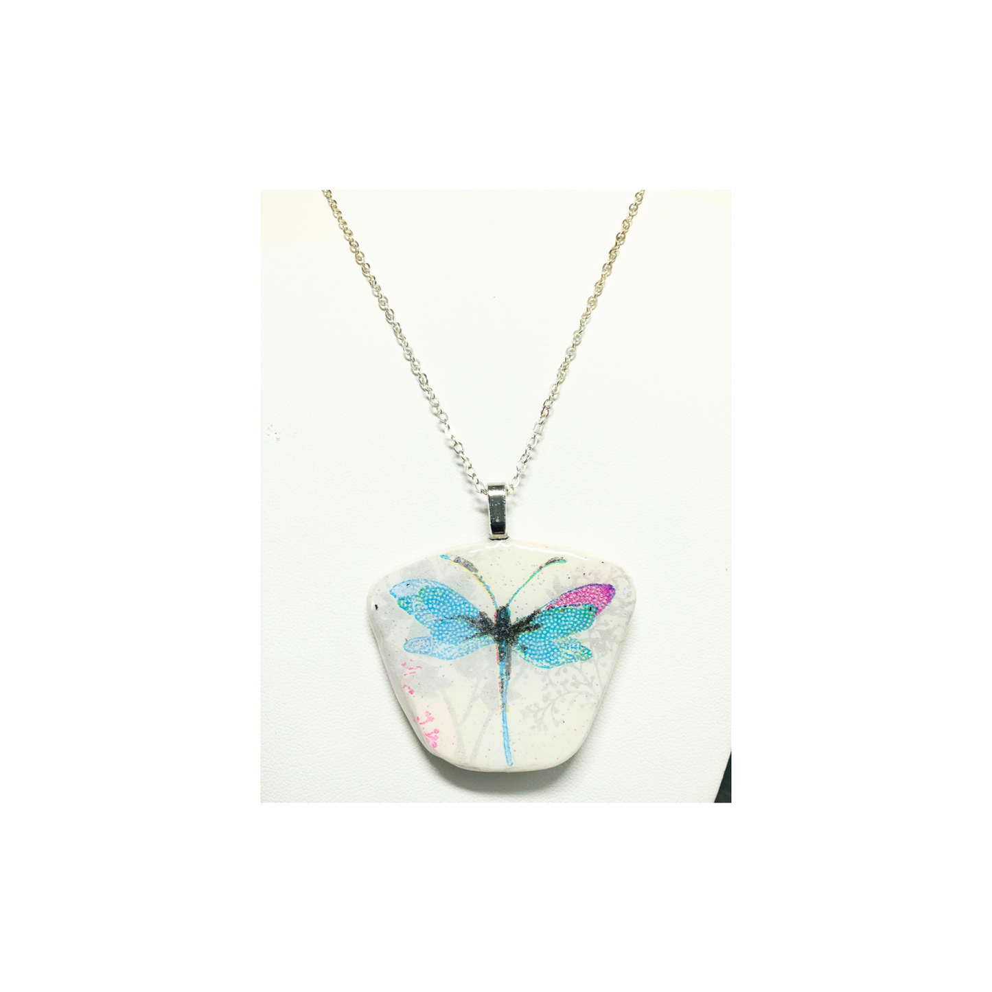 Dragonfly Blue and Pink Pendant Necklace 18-inch Silver Chain Necklace with Colorful Dragonfly Design