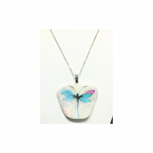 Dragonfly Blue and Pink Pendant Necklace 18-inch Silver Chain Necklace with Colorful Dragonfly Design
