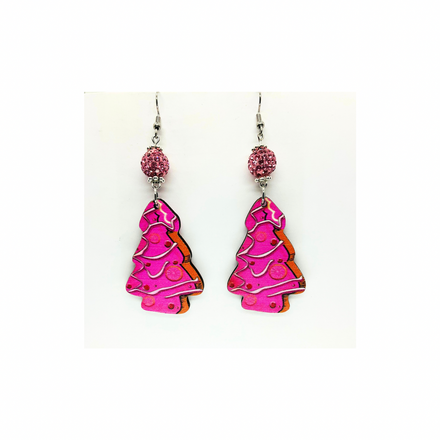 Pink Wood Christmas Tree Earrings with Pink Sparkle Bead Dangle for Festive Season