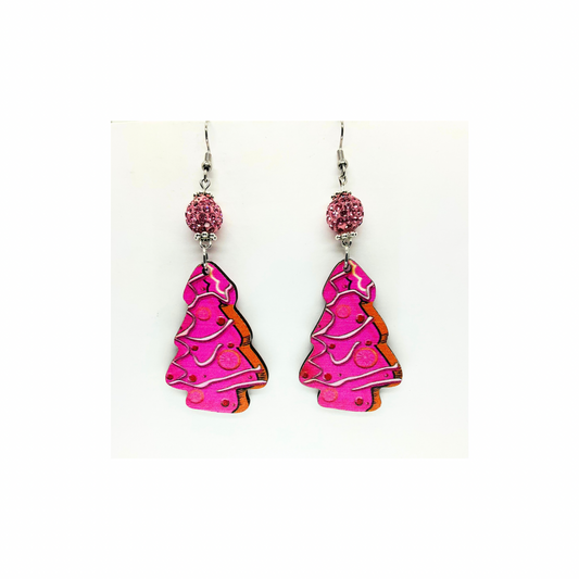 Pink Wood Christmas Tree Earrings with Pink Sparkle Bead Dangle for Festive Season
