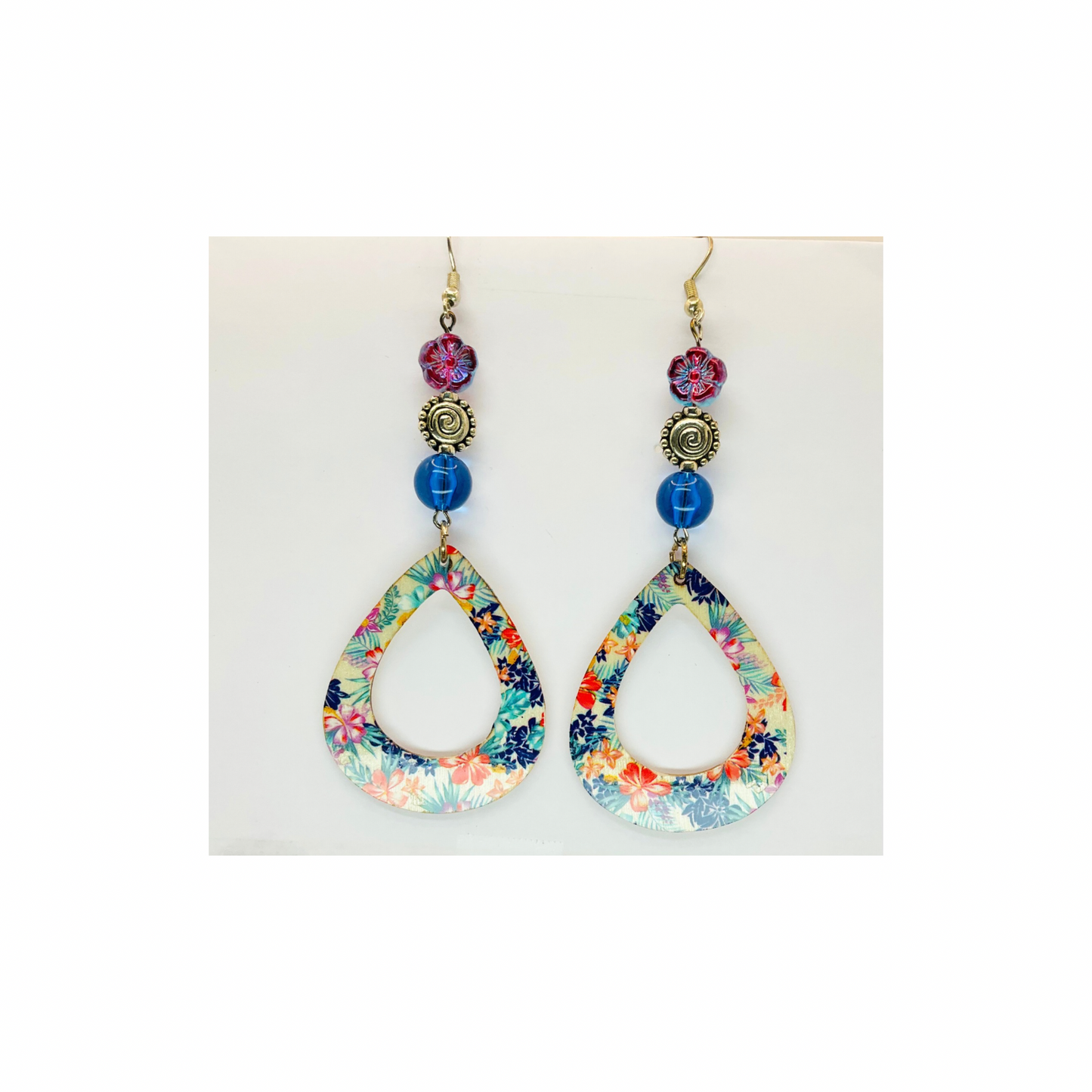 Wood Teardrop Floral Dangle with Bead Earrings-Crafting By BB