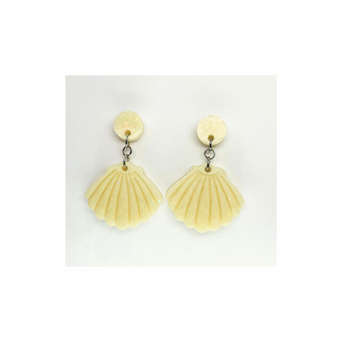 Ocean Collection Crean Sparkle Shell Dangle Earrings - Cream Acrylic Metallic Paint & Fine White Glitter Resin Earrings with Silver Post