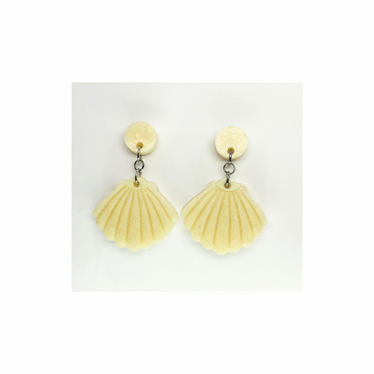 Ocean Collection Crean Sparkle Shell Dangle Earrings - Cream Acrylic Metallic Paint & Fine White Glitter Resin Earrings with Silver Post