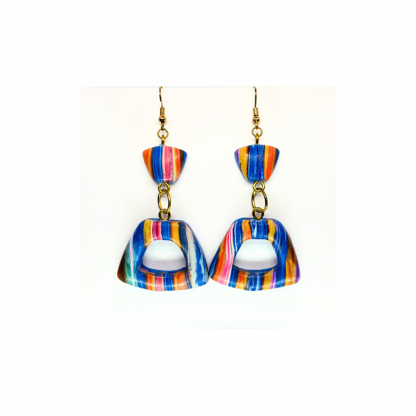 Striped Pinks and Blues Dangle Earrings - Colorful Striped Design with Gold Hooks