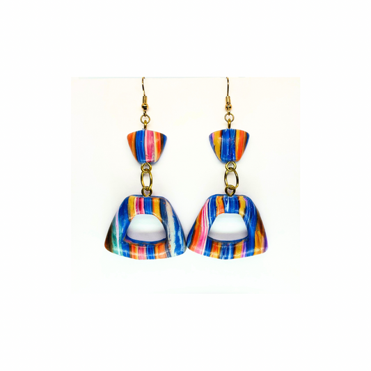 Striped Pinks and Blues Dangle Earrings - Colorful Striped Design with Gold Hooks