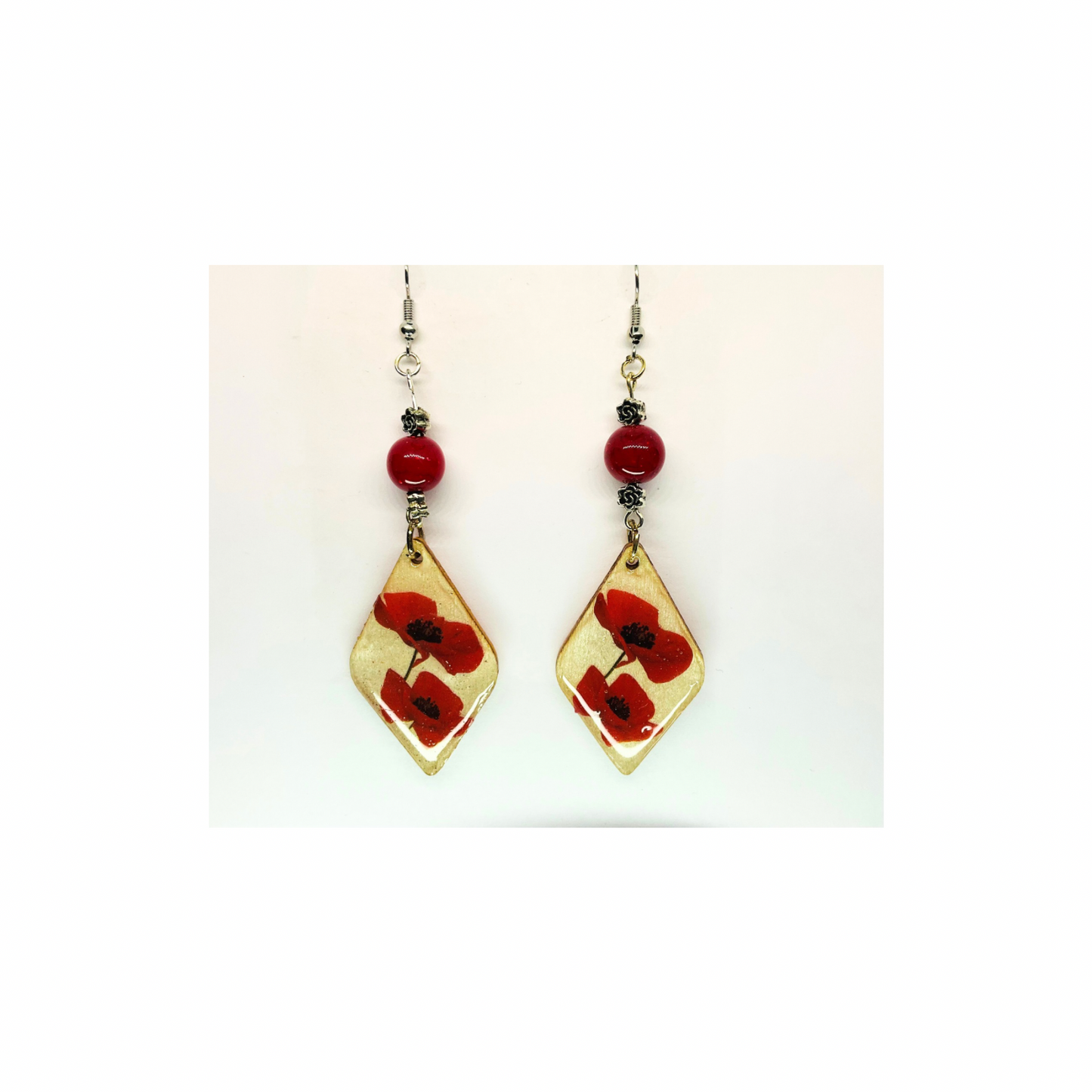 French Garden Collection Wood Diamond Shape with Red Flowers and Red Bead Dangle Earrings